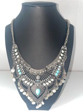 Boho Silver-Tone Turquoise color Statement Necklace